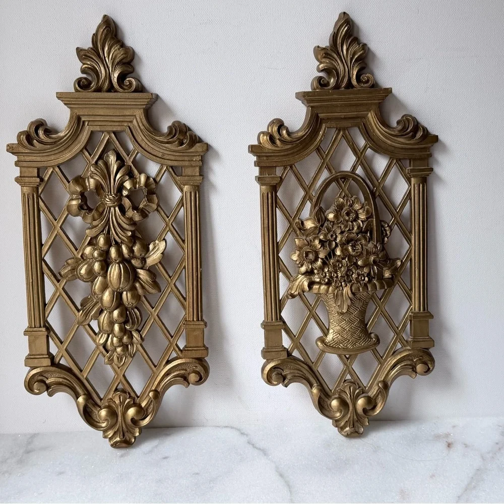 Elegant Gold Wall Decor Set vintage 1971 gold lattice wall plaques